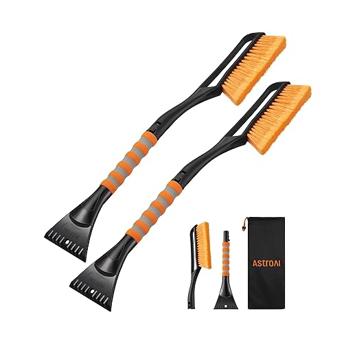 AstroAI 2 Pack 27" Snow Brush and Ice Scrapers for Car Windshield, Detachable Snow Scrapers with Ergonomic Foam Grip for Cars, Trucks, SUVs (Heavy Duty ABS, PVC Brush, Orange)