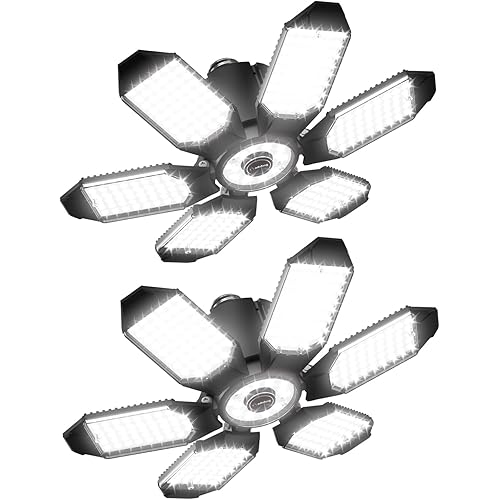 Adiding LED Garage Light 2 Pack, Super Bright 20000Lm Basement Ceiling Lighting w/ 6+1 Deformable Panels Screw in E26 Bulb Base Socket for Workshop Attic Warehouse Utility Laundry Storage Area