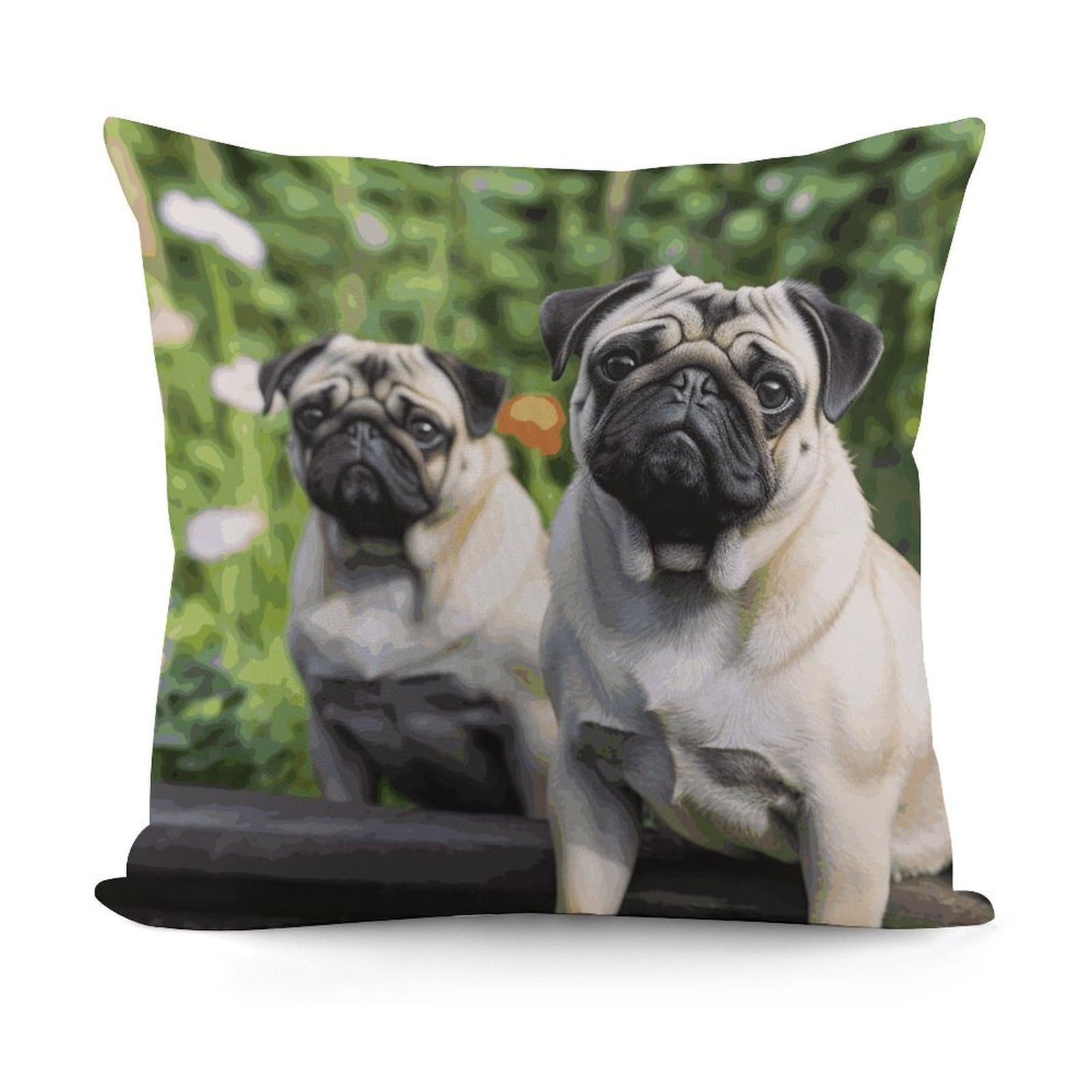 LZQPOEAS Pugs in The Garden Throw Pillow Cover 18x18 in Breathable Square Pillow Case Cozy Soft Pillowcase Protector Fashion Modern Couch Cushion Case for Living Room Bed Sofa Decor