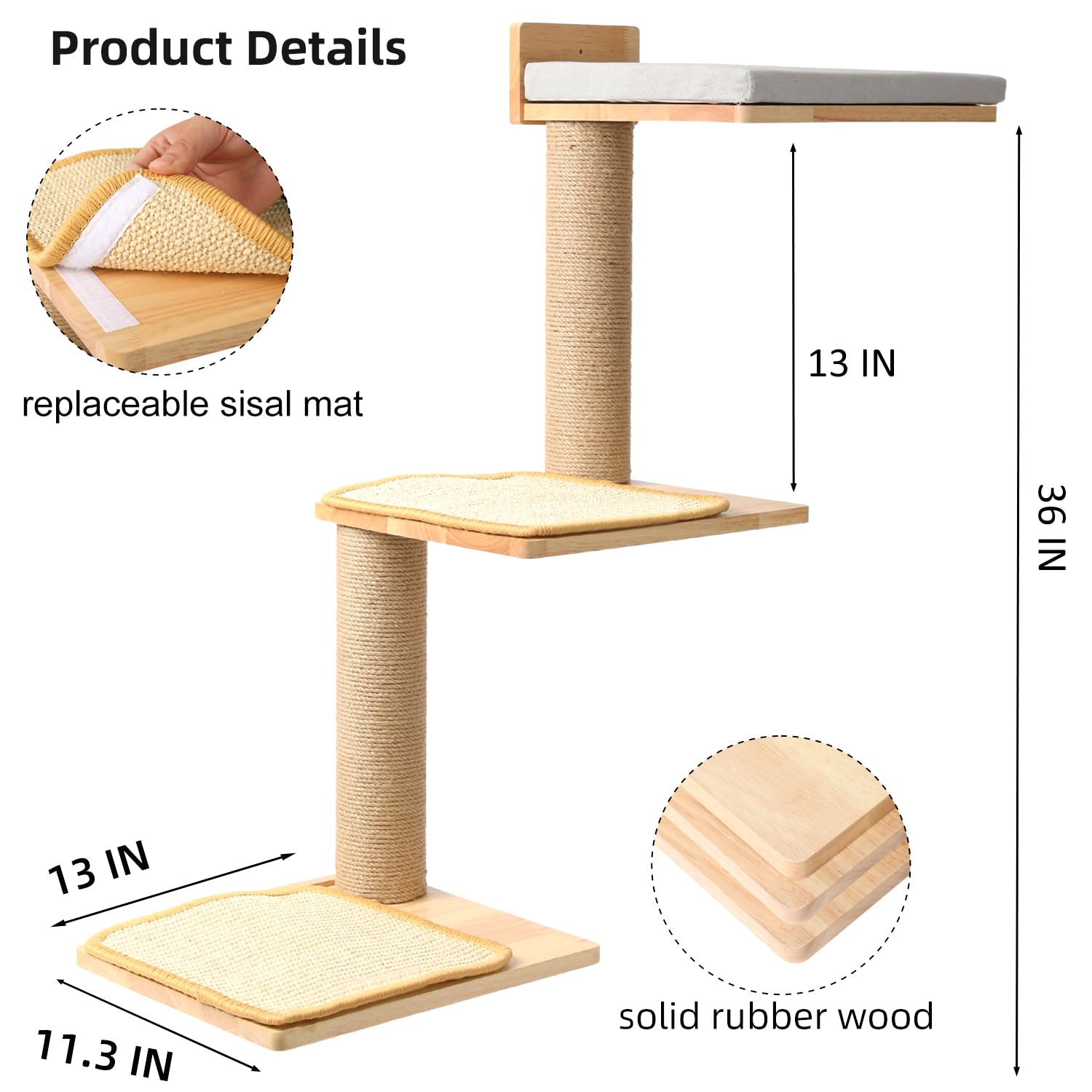 CoolEx Cat Wall Shelves, 3-in-1 Transformable Wall-Mounted Scratching Post, Cat Tree Shelf & Climbing Steps for Play, Climb & Scratch (Large)