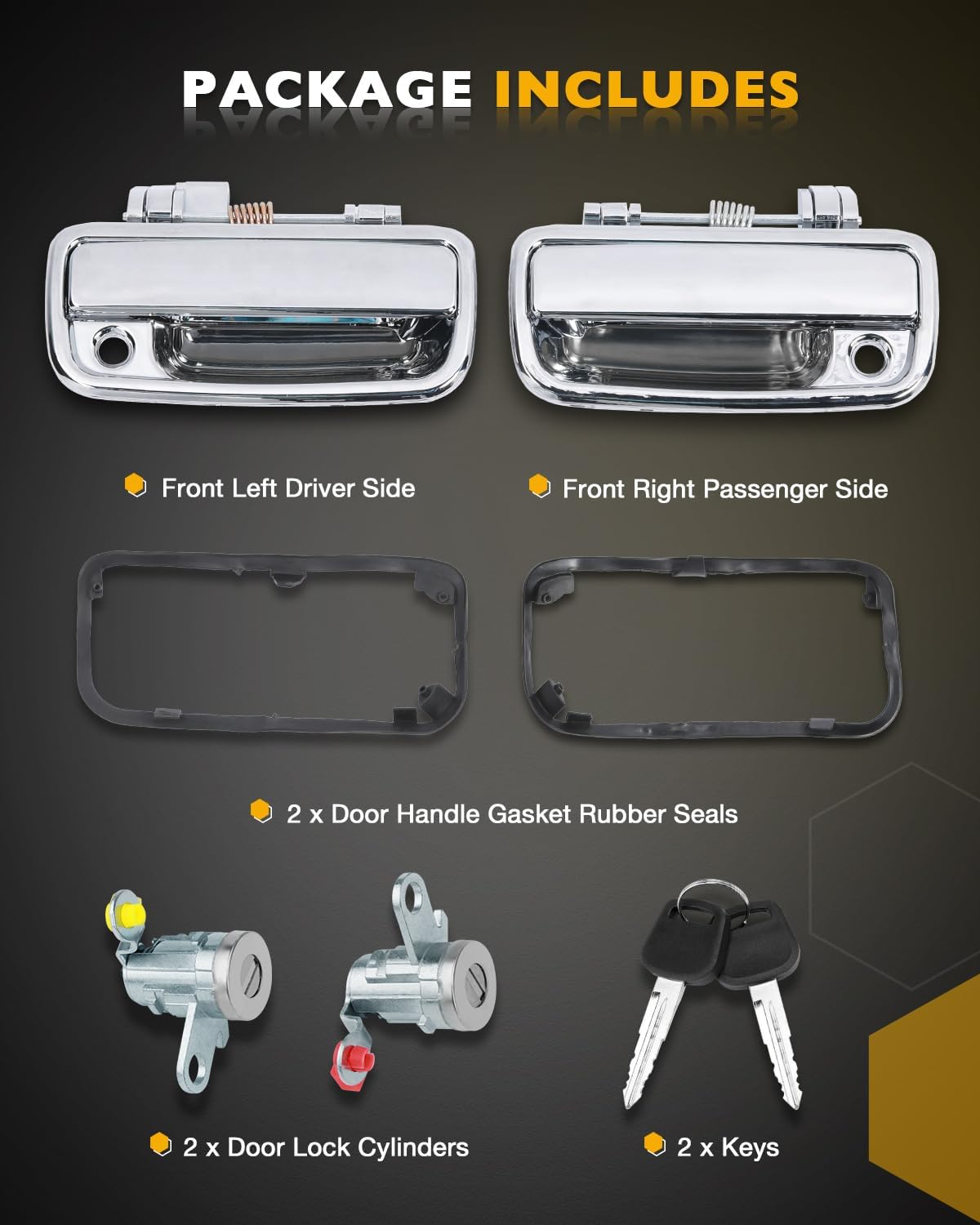 Chrome Exterior Door Handles w/Lock Cylinders & Keys, Compatible with 1995-2004 Toyota Tacoma, Outside Front Left Driver & Right Passenger Side Handle Part, OE# 79344 79345 DL107 DL108R, Outer Handle