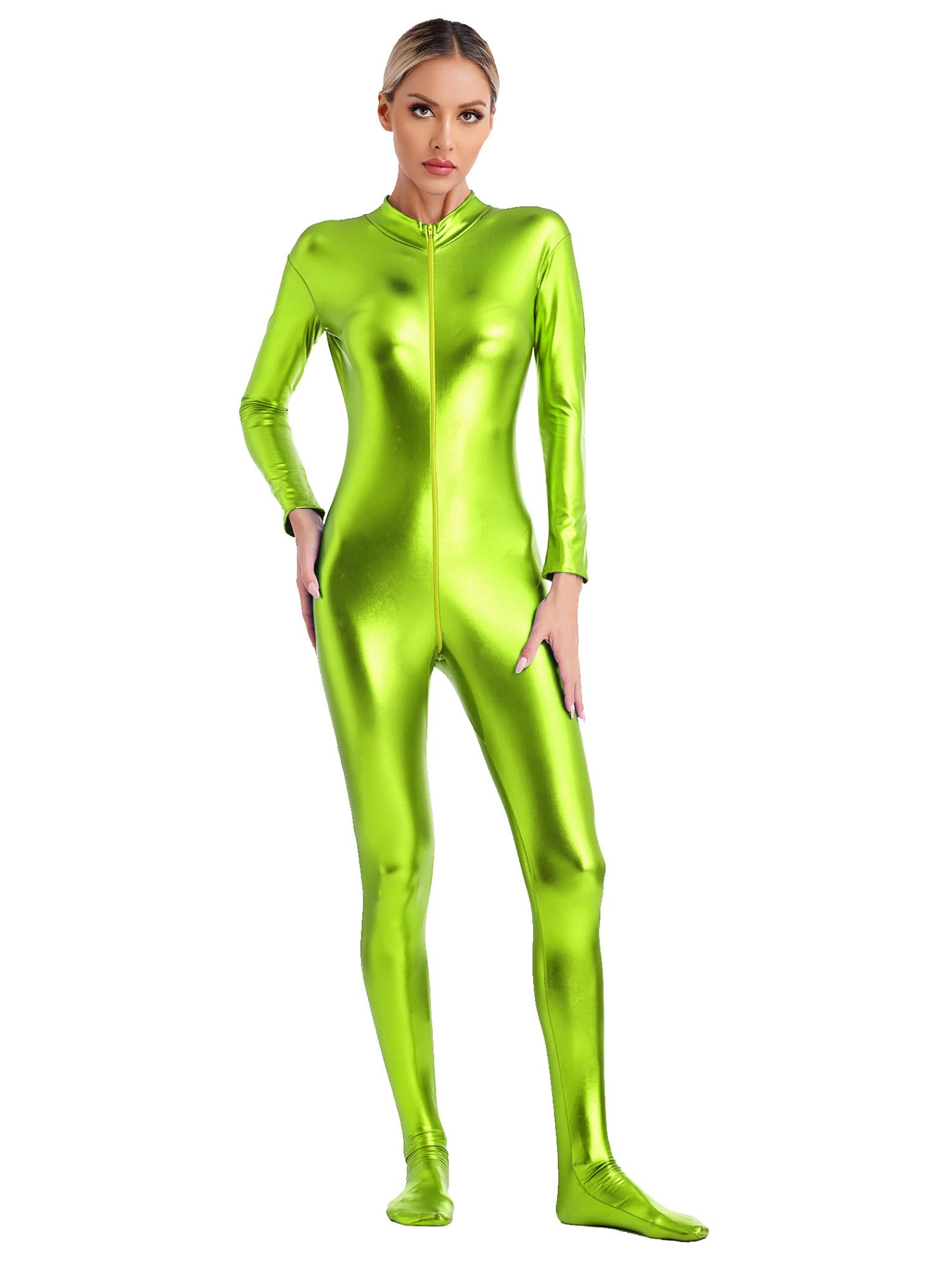 Damas Traje Entero Metálico De Cuerpo Entero Manga Larga Mono Bodysuit Monopiece Jumpsuit Disfraz De Carnaval