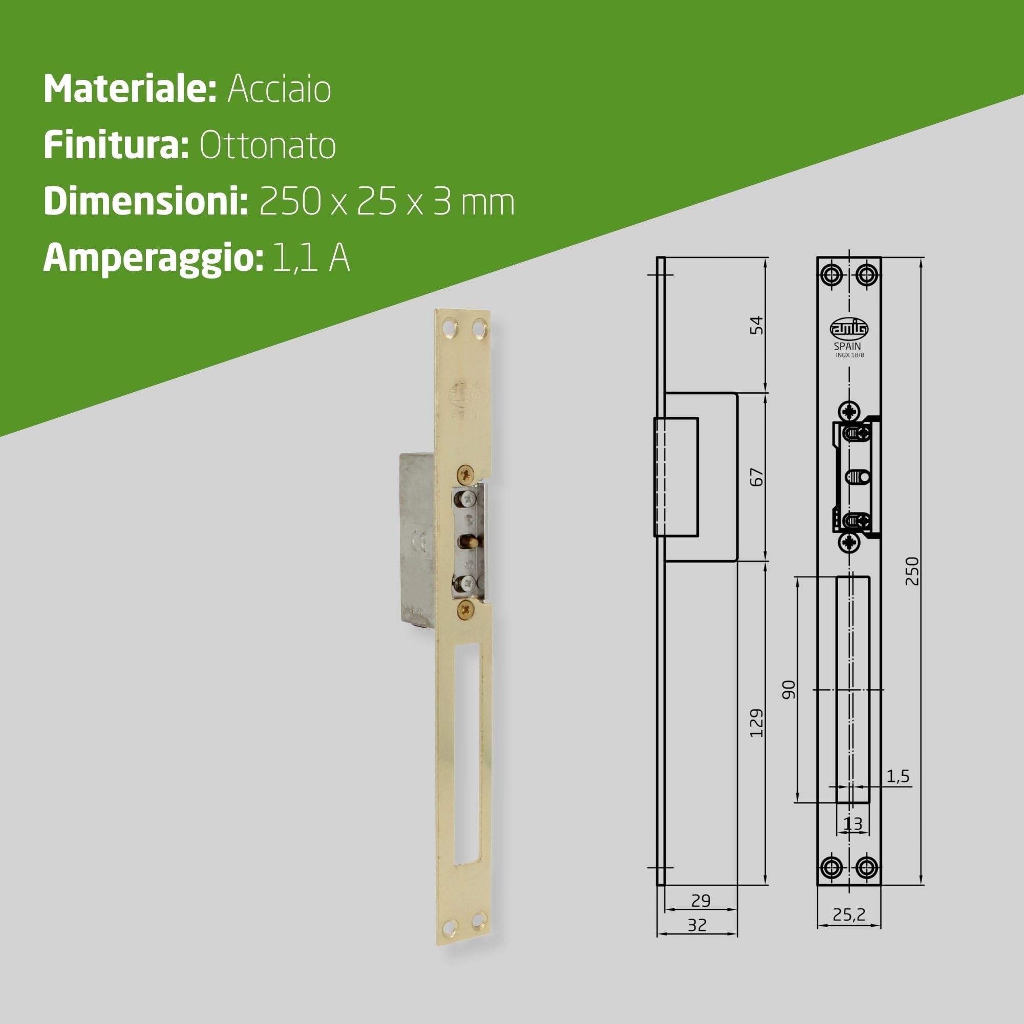 Amig - Incontro elettrico da incasso per controllo accessi - Compatibile con scrocco europeo 13 mm - Frontale 250 x 25 mm - Acciaio ottonato verniciato - Dorato - 8-12 V AC/DC - Mod. 20 con inibitore