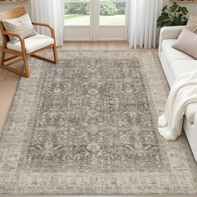 5x7 Area Rugs Living Room: Bedroom Washable Carpet Warm Taupe | Large Vintage Boho Indoor Decor Neutral Soft Nursery Farmhouse Dining Room Office Floor Non-Slip Low Pile Under Table Rug
