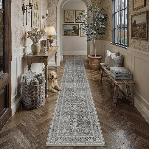 Black Runner Rug 2'6"x14' Vintage Area Carpet Hallway Long Indoor Kitchen Washable Living Room Low Pile Traditional Distressed Retro Accent Rug Non Slip Laundry Bathroom Office Dining Room 2