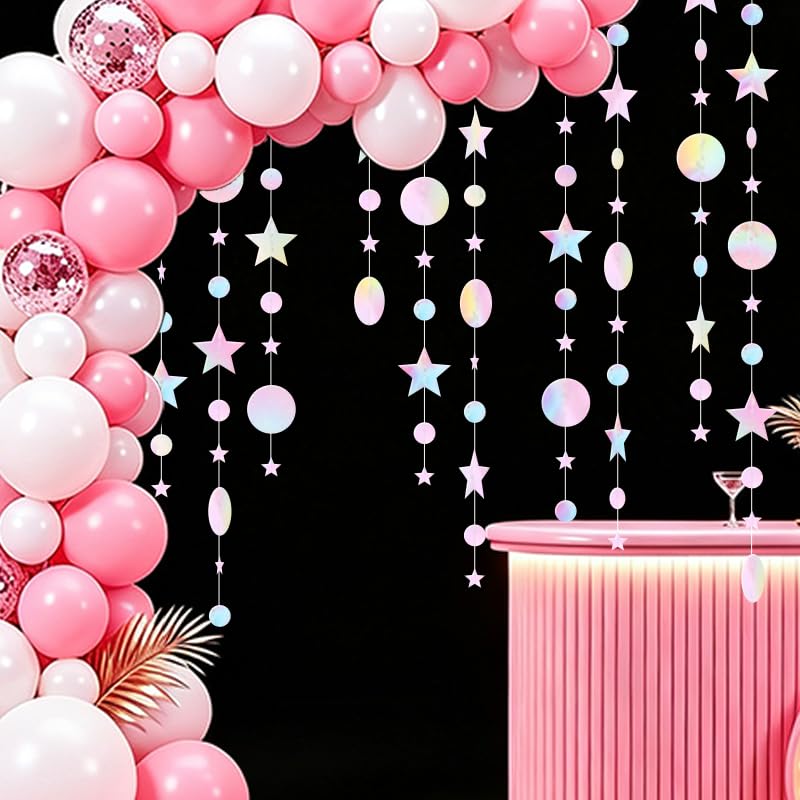 Image of Iridescent Pink Party Decoration Iridescent Pink Star Circle Dot Hanging Garland Streamer Decorations Glitter Star Bunting Banner Twinkle Backdrop for Wedding Baby Shower Birthday Christmas