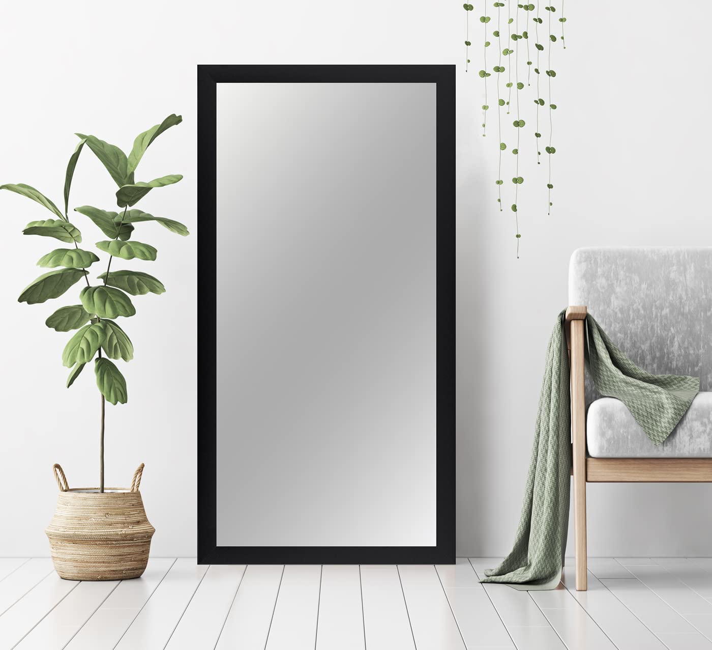 PrimeLuxe Miroir Mural 25 x 80 cm (Dimensions extérieures) en Noir Mat | Couleur et Taille sélectionnables | Miroir Salle de Bain et Couloir | avec Cadre en Bois