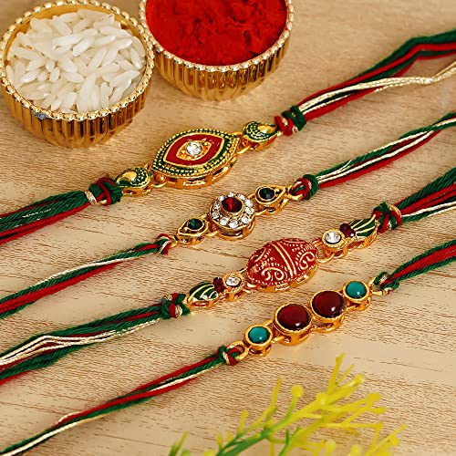 Image of eCraftIndia Set of 4 Multicolor Kundan Designer Rakhis, Best Bro Ever Fridge Magnet with Roli Chawal Pack - Rakhi for Brother, Bhaiya, Bhai