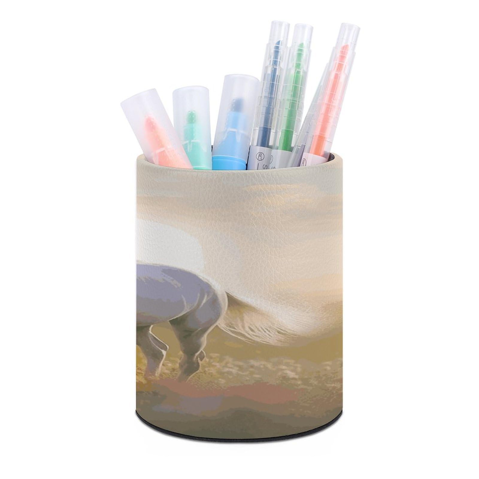 FekiLoot Round White Horse Running in The Field Pen Holder for Desk PU Leather Waterproof Pencil Cup Stand Minimalist Makeup Brush Storage Organizer Desktop Stationery Container Accessorires
