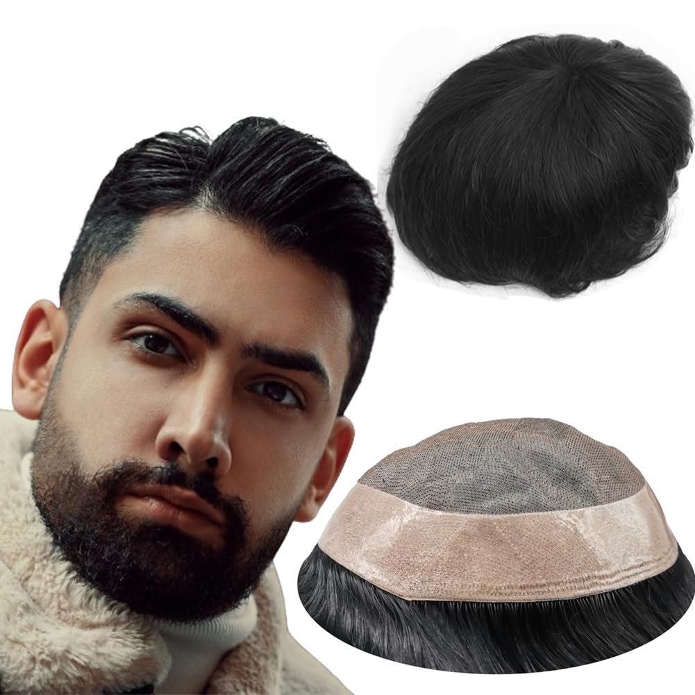 YANAHAIR Toupee for Men men hair pieces Mono Toupee Human Hair Replacement System 100% European Real Human Hair Men Lace Hair System Fine Mono Lace with PU Around (#1B Off Black, 7x9)