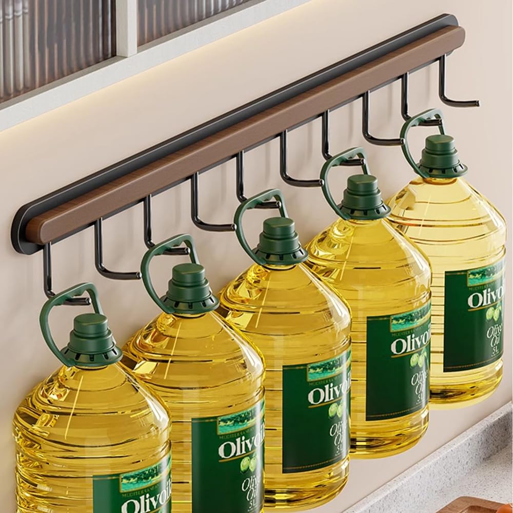 Perchero de pared para utensilios de cocina, sin taladro, barra de hierro para colgar cucharas, tablas de cortar y sartenes, 33 cm con 6 ganchos, elegante solución de almacenamiento blanca