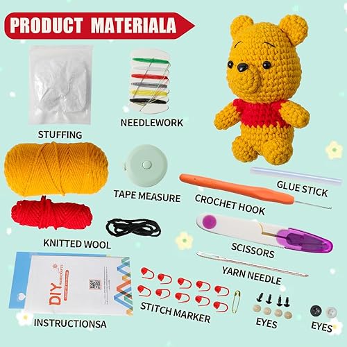 Miniatura 4 de CORODER Juego de ganchillo básico para todas las edades, kit clásico de ganchillo Winnie con guía de video detallada, kit completo de ganchillo para