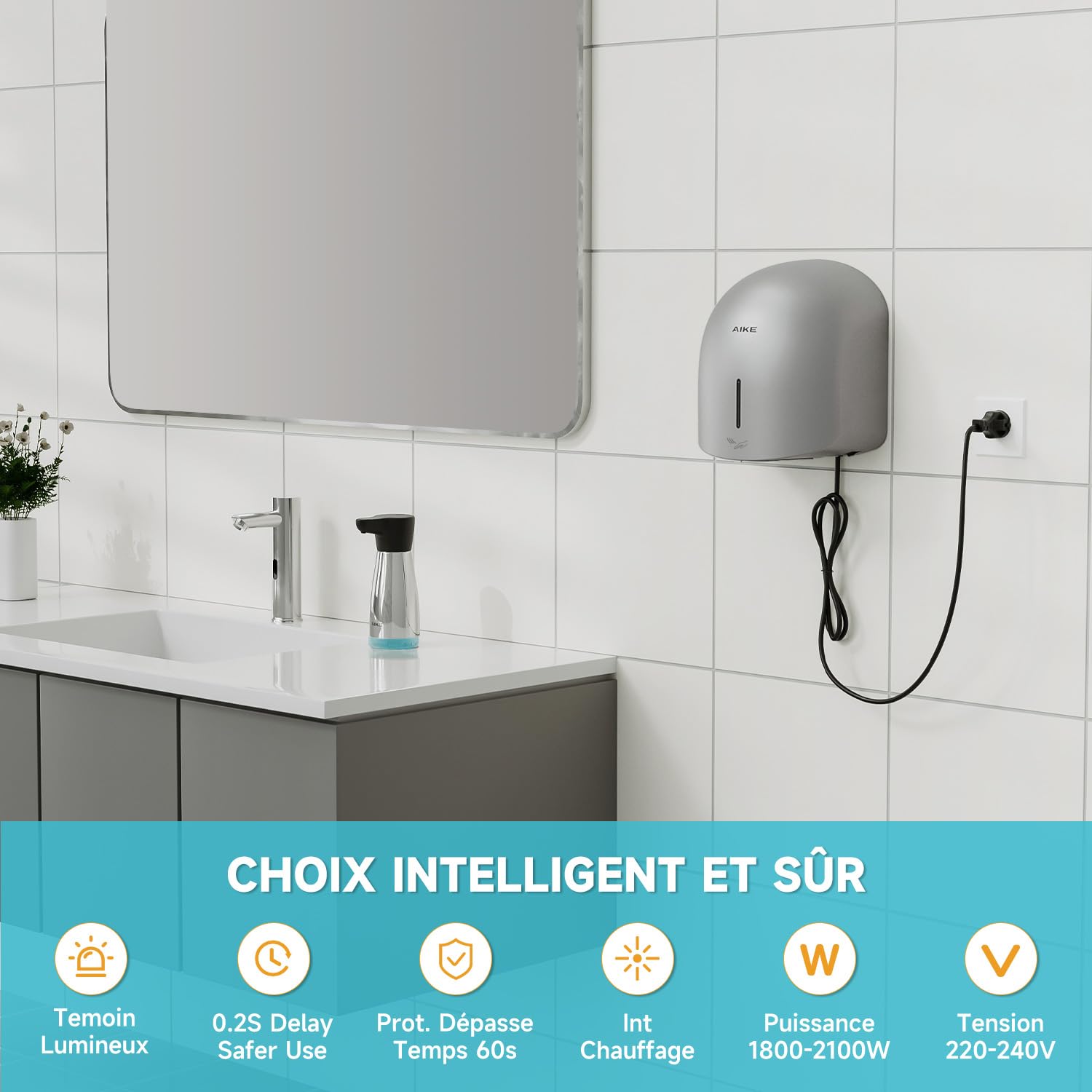 AIKE GentleAir Seche Mains Chauffant Silencieux, pour Maison & Salles de Bain, AC220V-240V, Argent Étoilé