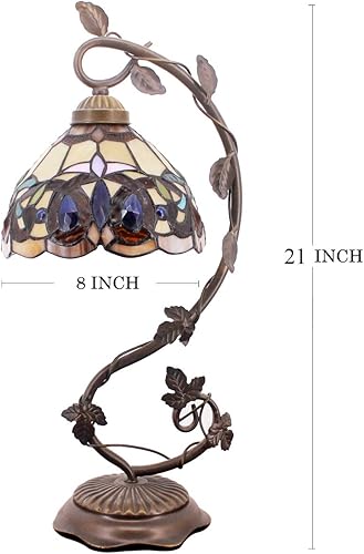 Miniatura 3 de WERFACTORY Tiffany - Lámpara de mesa victoriana de vitrales, base de hojas de metal, 8 x 10 x 21 pulgadas, decoración de luz de lectura de