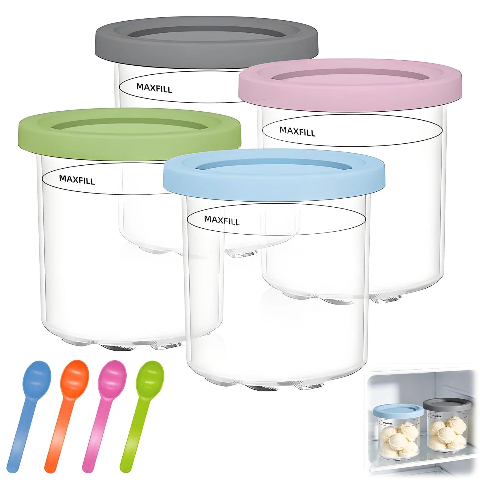 Ice Cream Tubs 4 Pcs Tubs with Spoons, Compatible with Deluxe‑Style NC500 NC501 Series, Reusable Pint Containers for Homemade Desserts, Dishwasher Safe