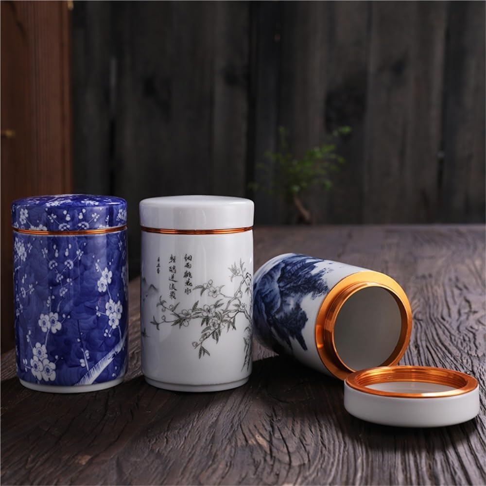 SONGCHAO Sugar Jar Blue and White Porcelain Enamel Color Loose Tea Storage Container Jar Ceramic Sealed Retro Set Single Tea Canister(A)