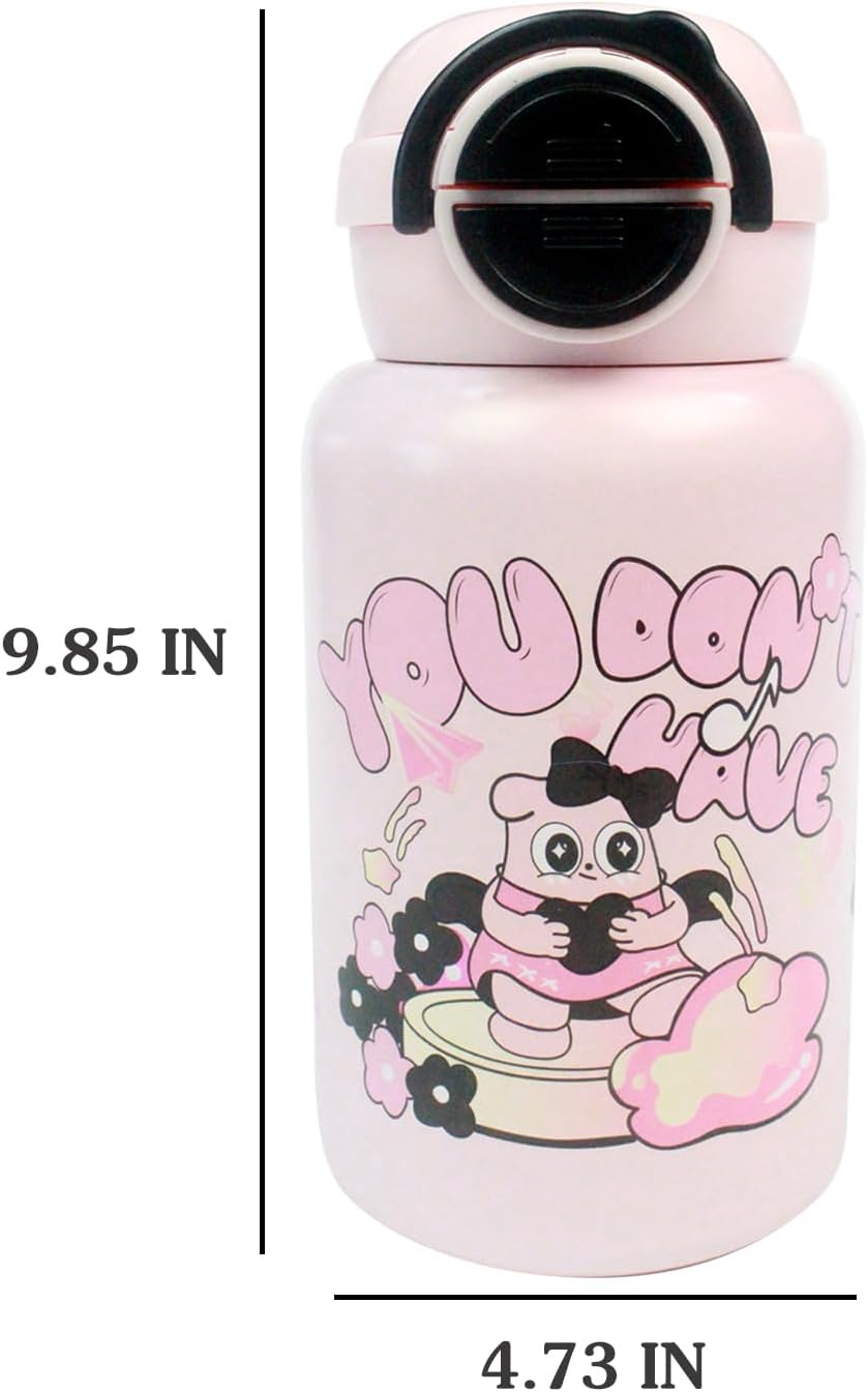 17 Oz Cute Water Bottle with Sleeve and Strap, Kids Insulated Stainless Bottle with Lip and Straw, Leak Proof & Anti-Mislock, Ideal Gift for Children Birthday(500ml, Pink) - Image 2