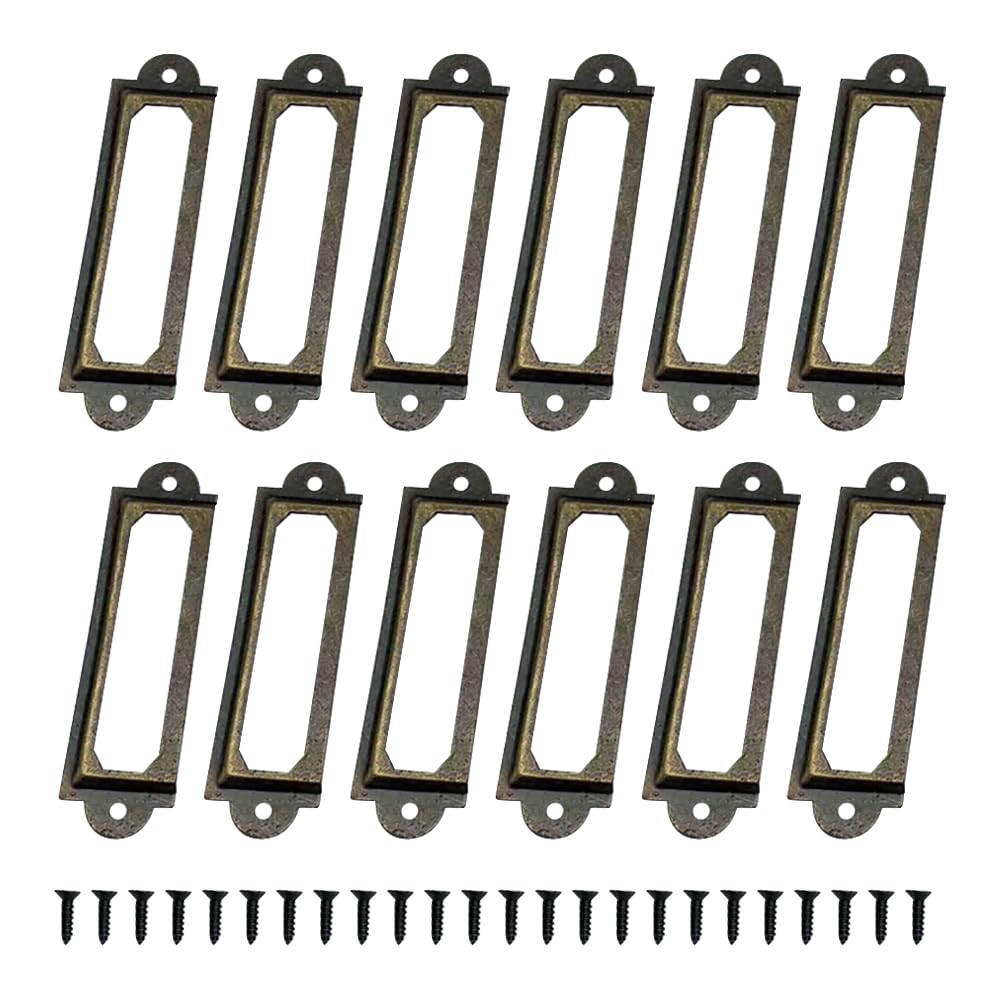 FSSTUD 60 Pcs Small Metal Rectangle Label Holders Library File Drawer Tags File Cabinet Label Frames Name Card Label Holders Vintage Office Card Frame with Screws for Gift Box Lockers Bronze Color
