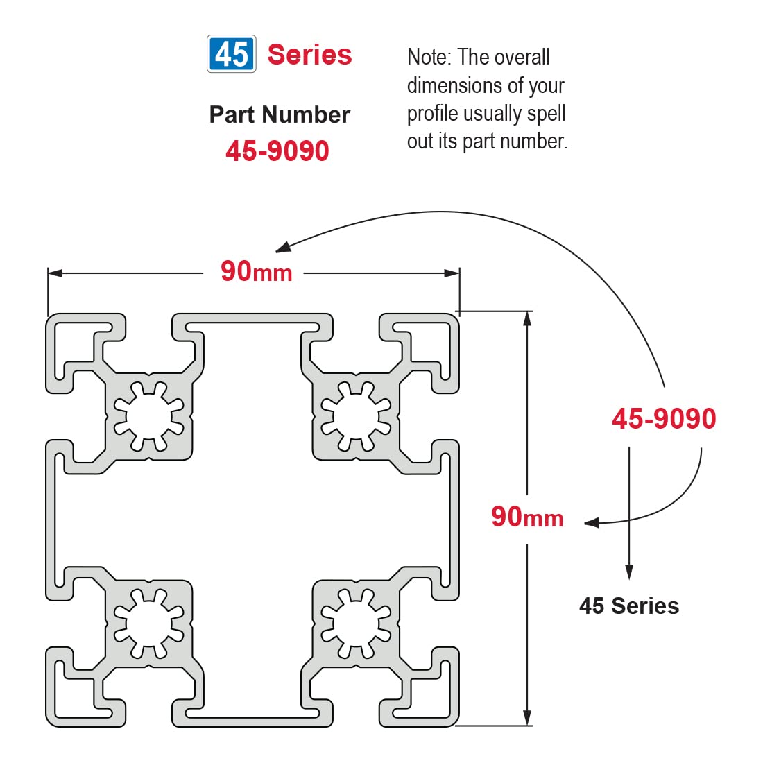 その他 Dimension 4590T 45-4590 | 45mm X 90mm T-Slotted Profile - Six Open T-Slots