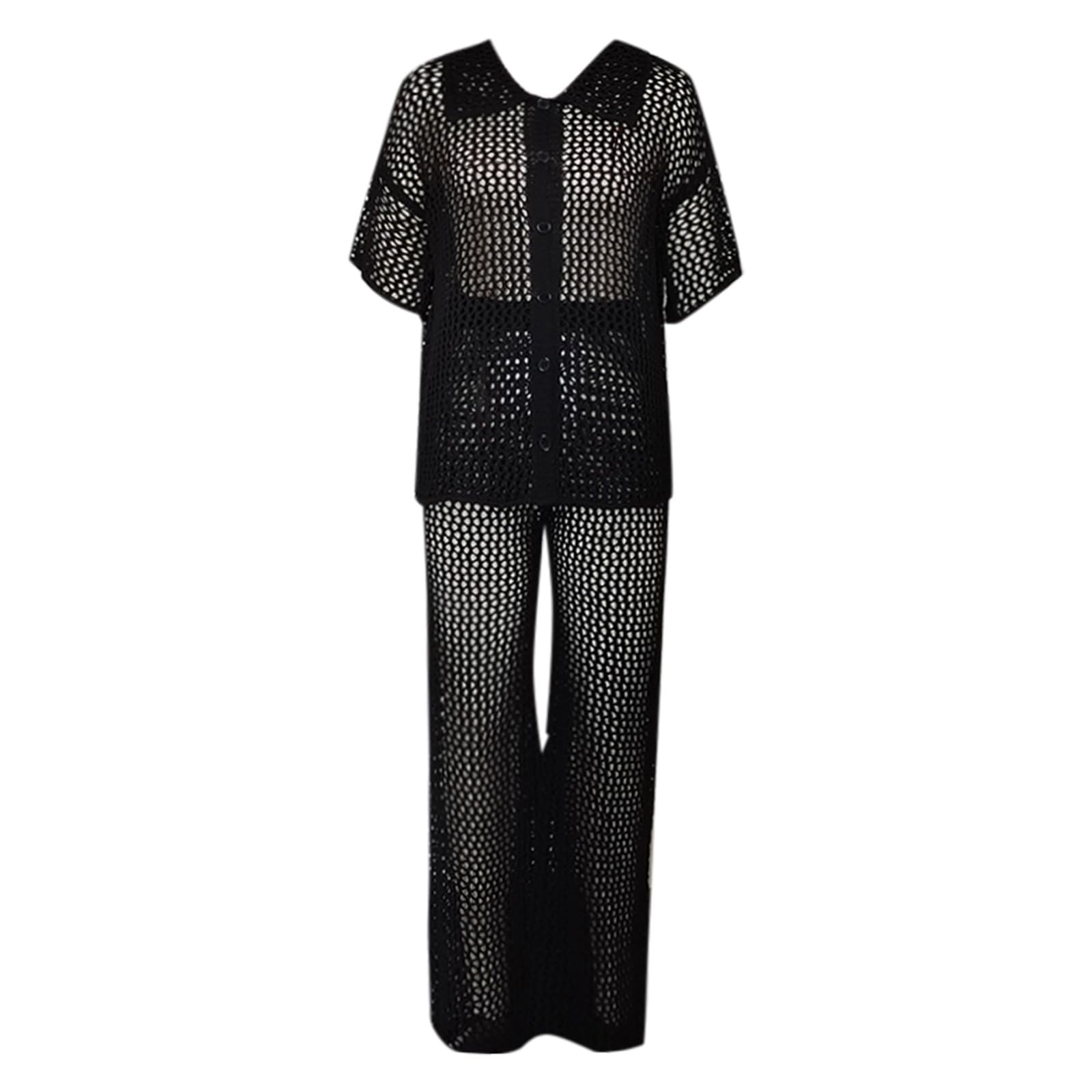 Copricostume Donna Mare Cotone Completo da Spiaggia all'Uncinetto Due Pezzi con Top Traforato e Bottoni Pantaloni Larghi Copertura Elegante per Esterno Vacanze