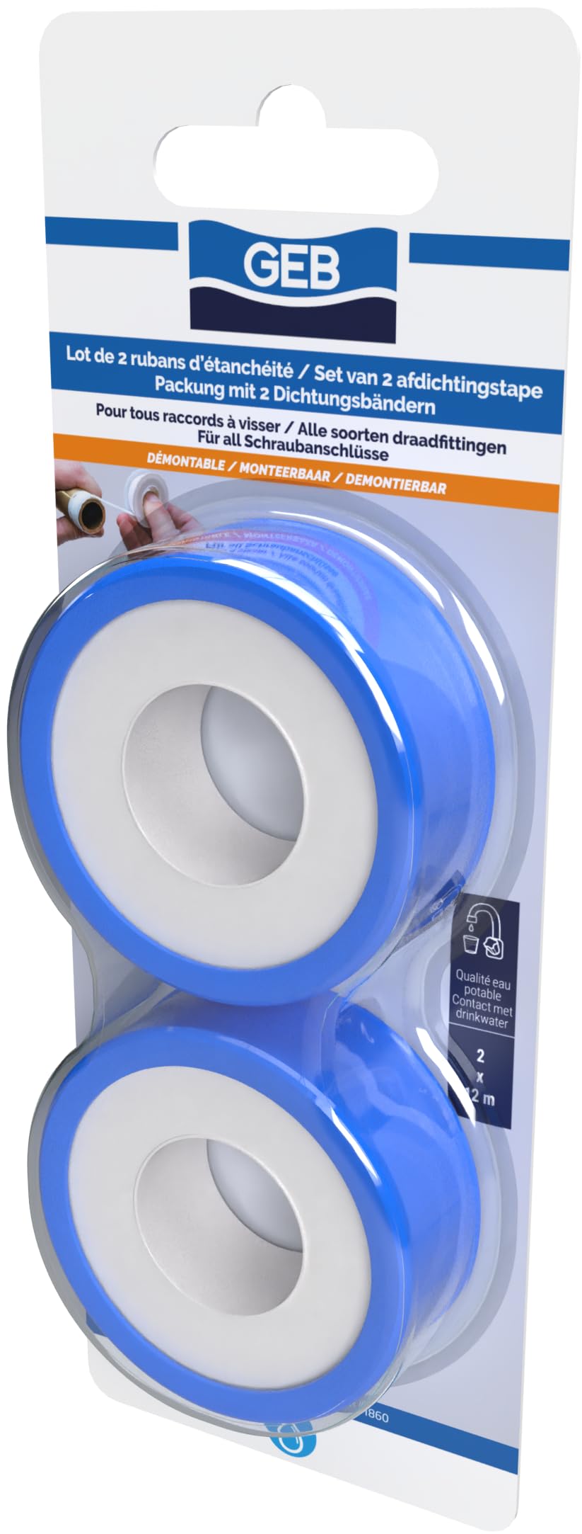 GEB Ruban d'étanchéité PTFE 12 m x 12 mm pour raccords filetés, eau potable, Blanc