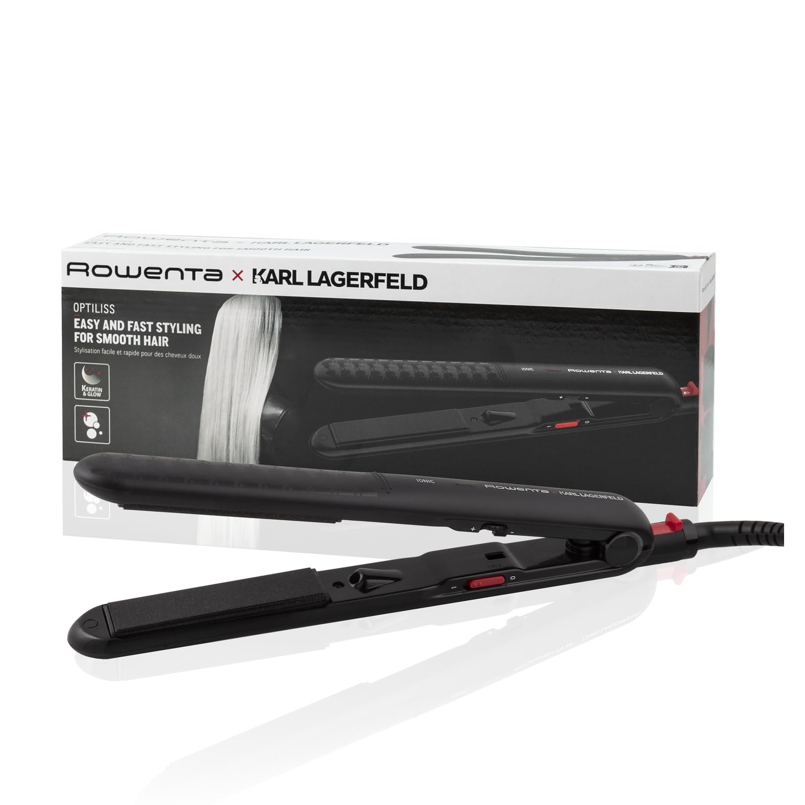 Rowenta x Karl Lagerfeld Optiliss Ionic, Plancha de pelo con revestimiento cerámico para un pelo suave, 10 temperaturas hasta 230º, alisado eficiente, rizos y ondas, negro, SF323L