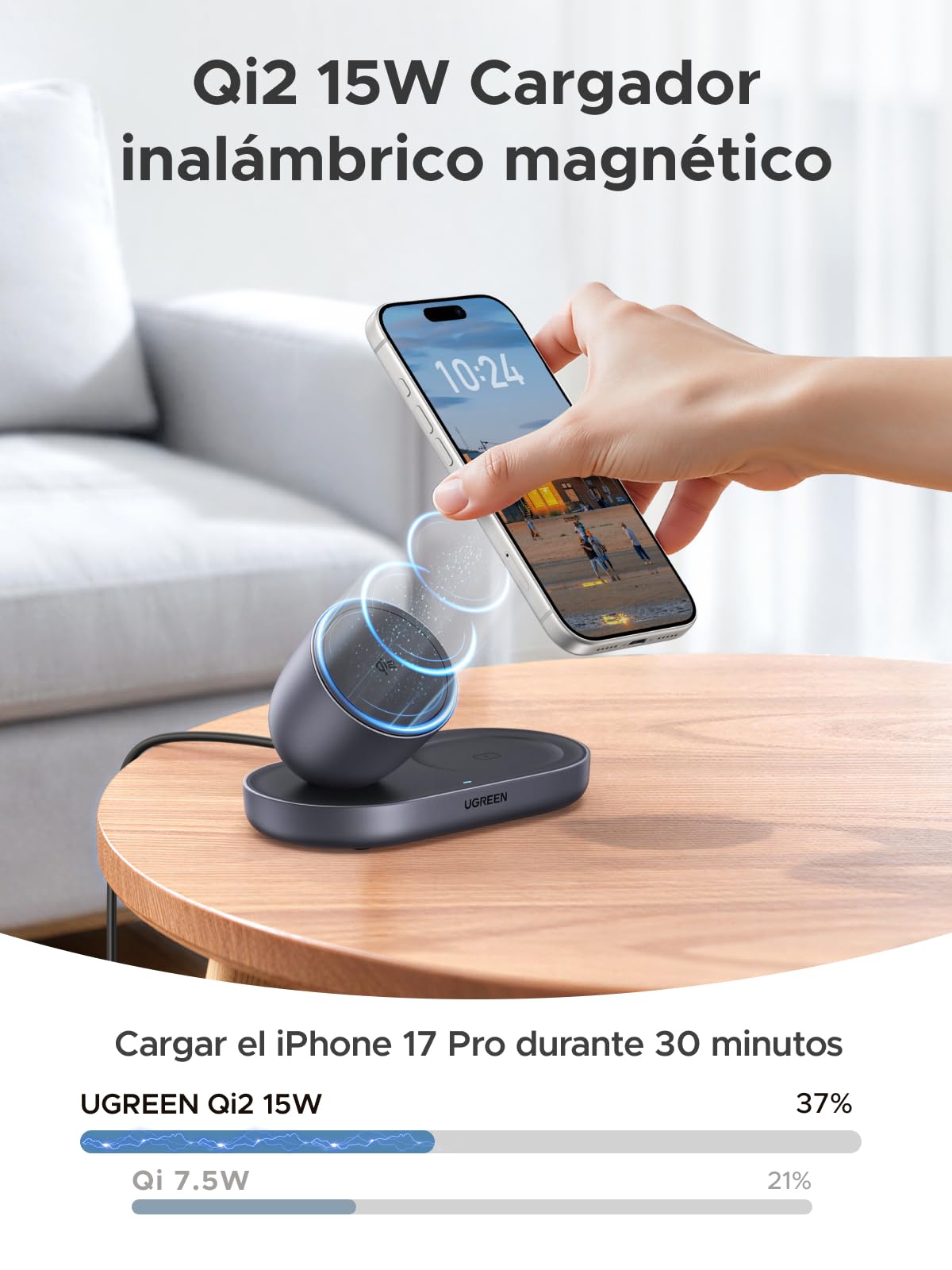 UGREEN Zapix Cargador Inalámbrico iPhone Magsafe Certificación Qi2 15W Compatible con iPhone 17 16 15 14 13 12 Pro MAX Air Plus AirPods, 2 en 1 Base de Carga sem Fios Magnética (Negro)
