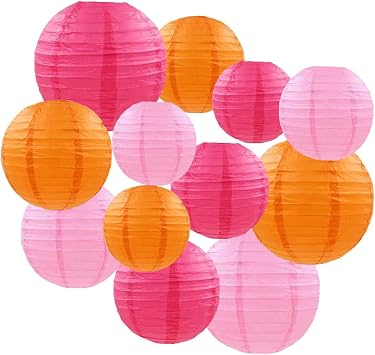 12pcs Hot Pink and Orange Paper Lanterns - Round Ceiling Hanging Paper Lampshades,for Birthday, Baby Shower, Wedding, Party Decorations 4", 6", 8", 10"