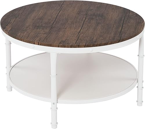 Miniatura 7 de VINGLI Mesa de centro redonda de madera de roble blanco rústico de 31.5 pulgadas, mesa central de madera de almacenamiento de 2 niveles para sala de