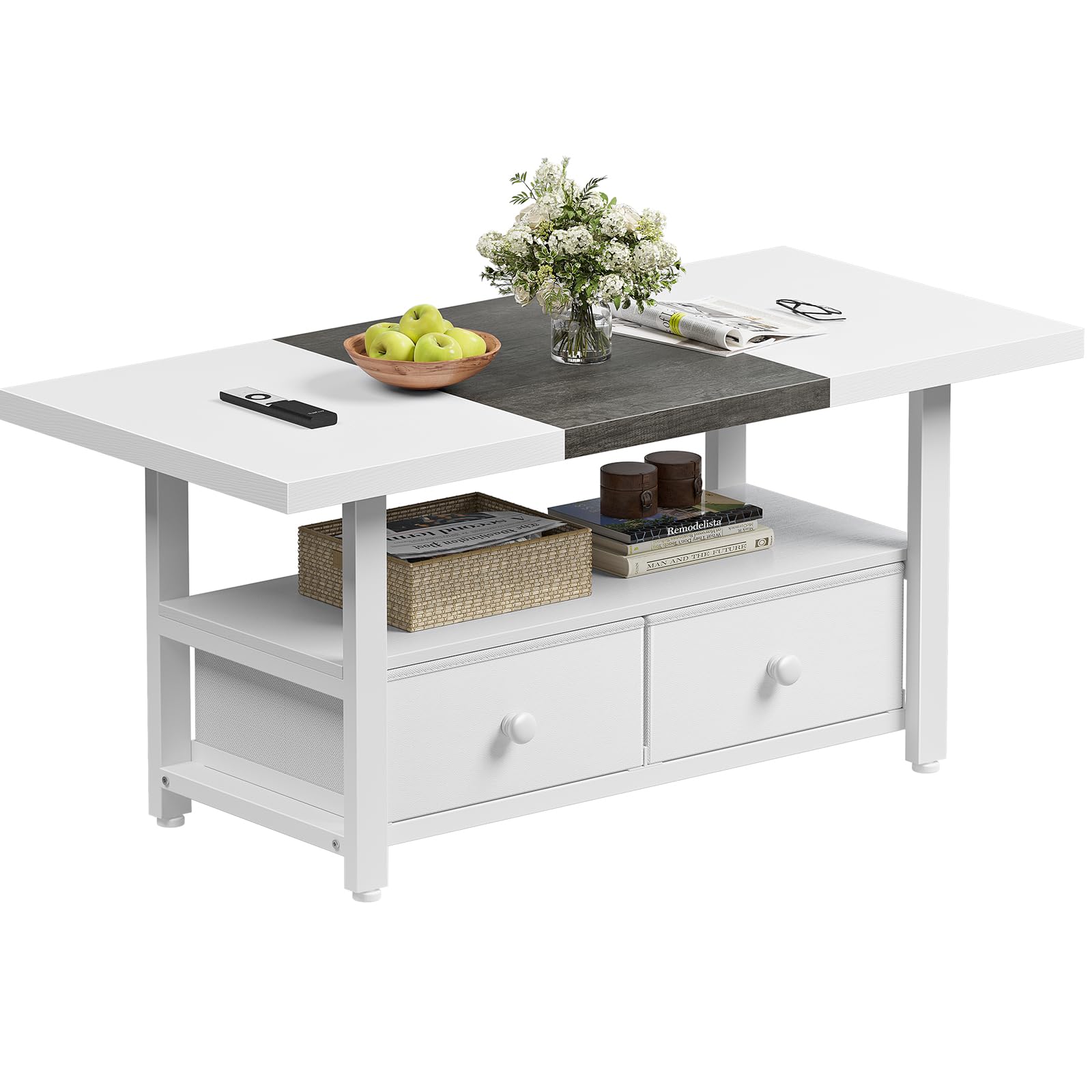 FABATO 2-Tier Coffee Table with Storage Shelf and 2 Drawers 46 Rectangular Center Table Wood Top for Living