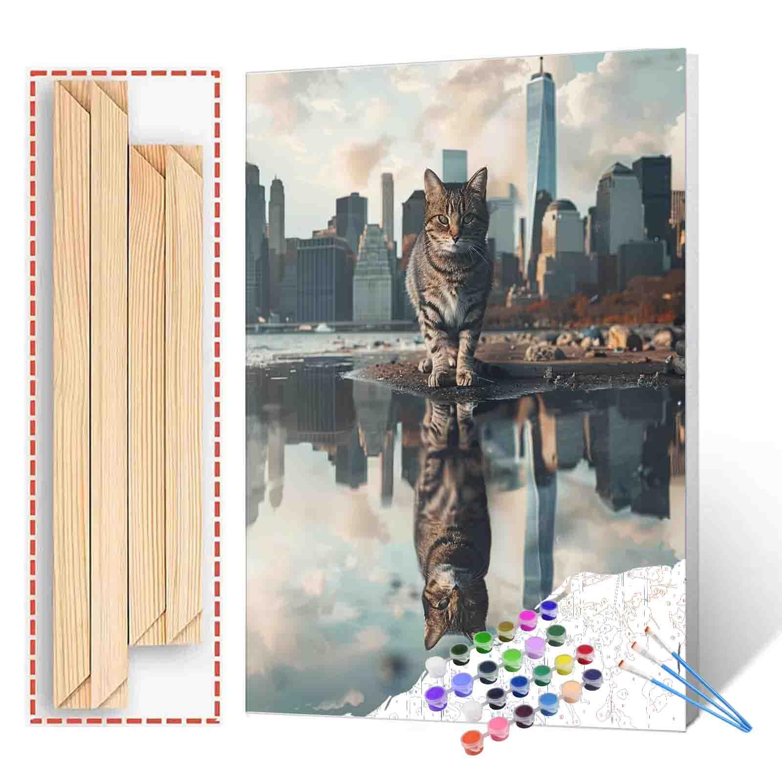 Paint by Numbers Kits DIY Reflection of Animals in Water Acrylic Watercolor Pigment Cat or Lion Oil Paintings Kits Adult Beginner Kids Canvas Artwork Home Living Room Decor 16''W x 20''H（Manual Frame）