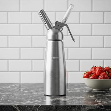 1-Pint Cream Whipper, Professional Brushed Aluminum Whipped Cream Dispenser with 3 Decorating Nozzles, Durable Freestanding Kitchen Whipper for Desserts, Pastries & Beverages