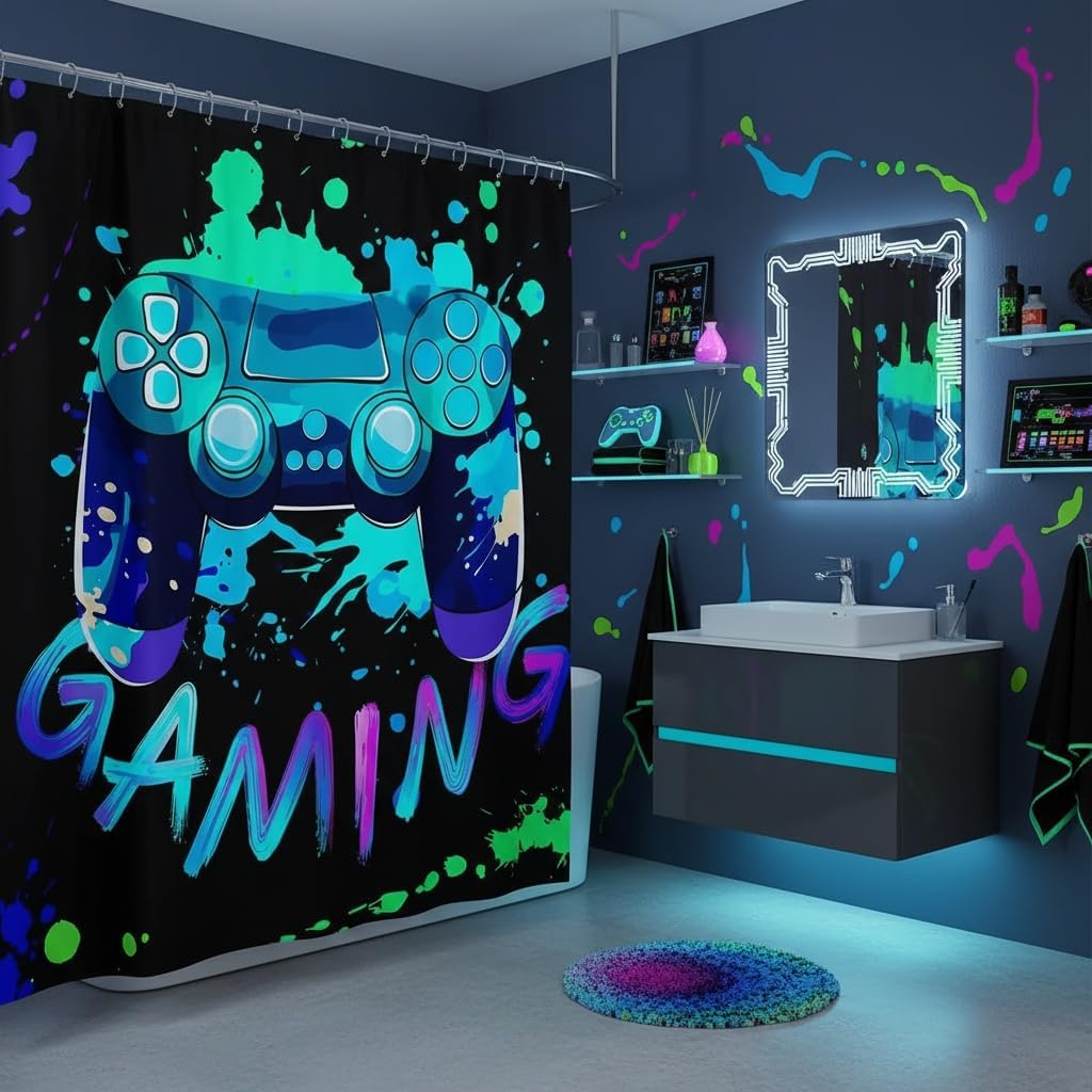 Castle Fairy Video Games Shower Curtain Color Graffiti Hip Hop Style Waterproof Shower Curtain Modern Player Gaming Bath Curtain with 12 Hooks for Bathroom Showers,Bathtubs,72x72 inches image 2