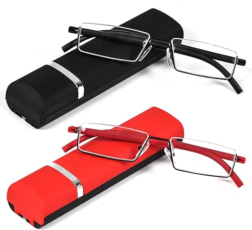 Miniatura 7 de REAVEE Paquete de 2 lentes de lectura de medio marco para hombres y mujeres, media lente de metal, ligeros, portátiles con funda, negro y azul +1.25