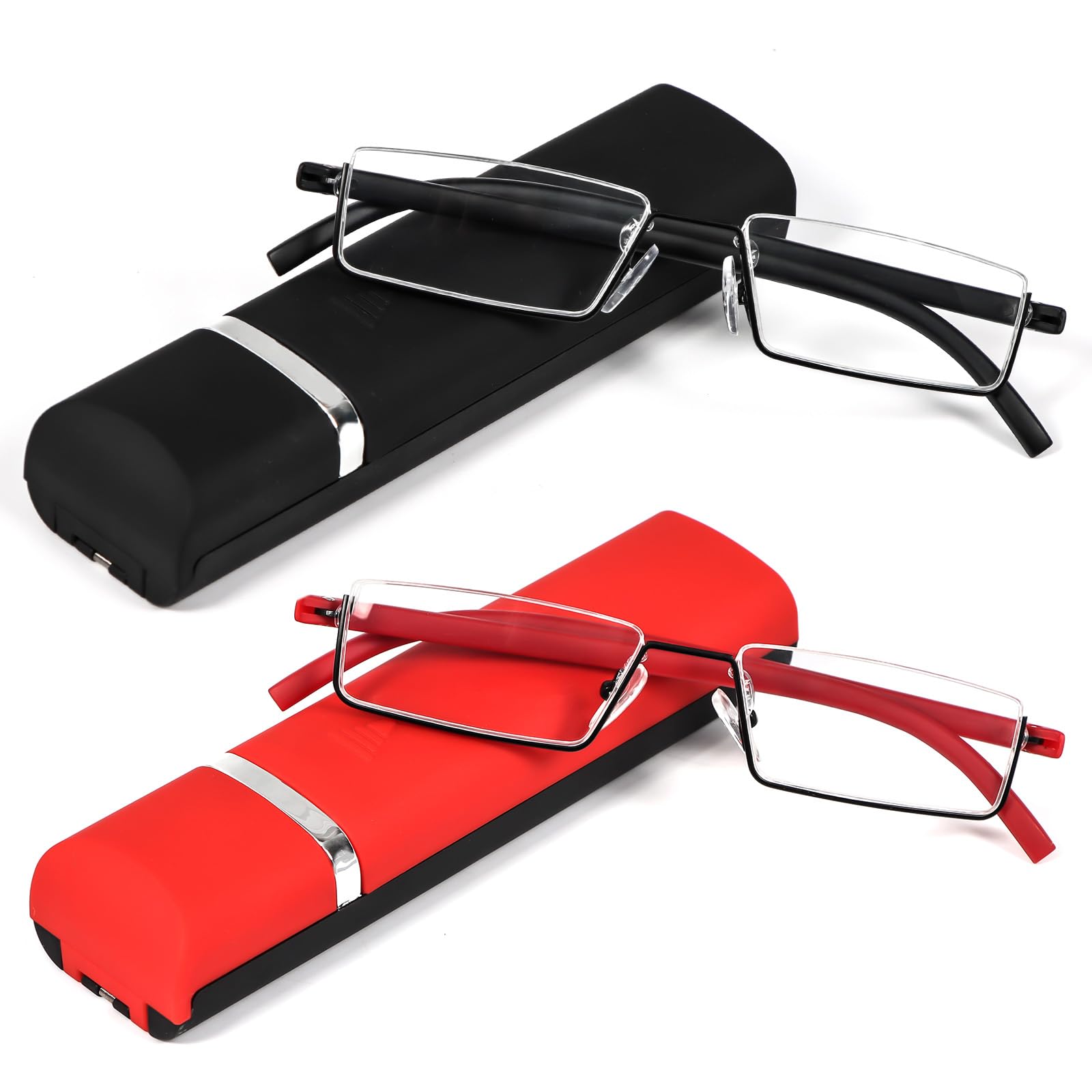 REAVEE 2 Pack Half Reading Glasses for Women Men, Lightweight Half Frame Slim Metal Readers with Portable Case, Black and Red +3.0
