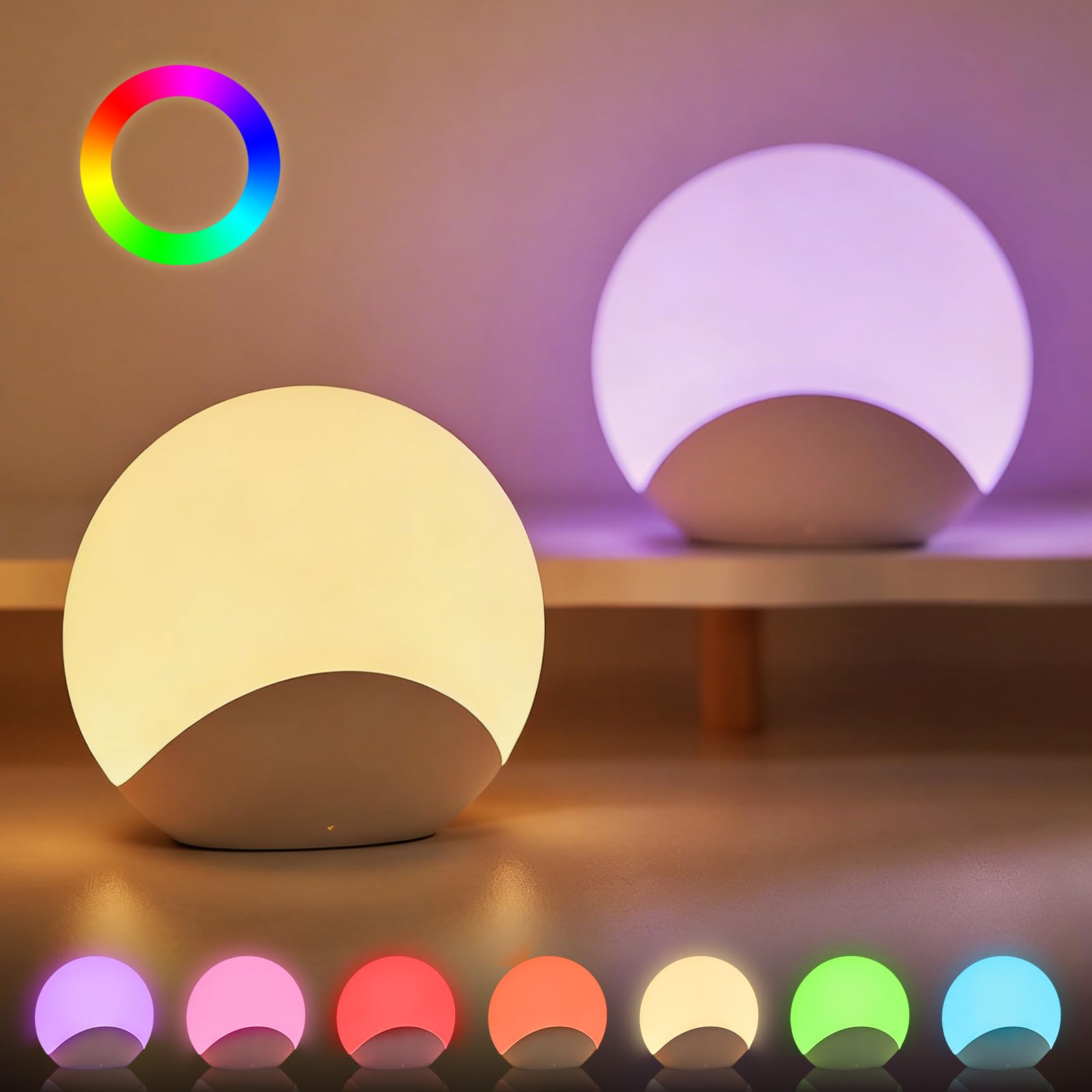 Luce notturna morbida con 8 cambi di colore e timer, intensità regolabile con semplice tocco, lampada da comodino a LED RGB ricaricabile per la cameretta dei bambini, senza BPA e rispettosa