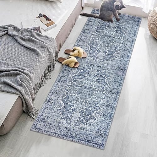 KUTA Vintage Washable Runner Rug, 2x5 Runners Non-Slip Blue White 5ft Hallway Kitchen Rugs Ultra Soft Printed Floral Distressed Tribal Farmhouse Carpet for Bedroom Entryway Decor