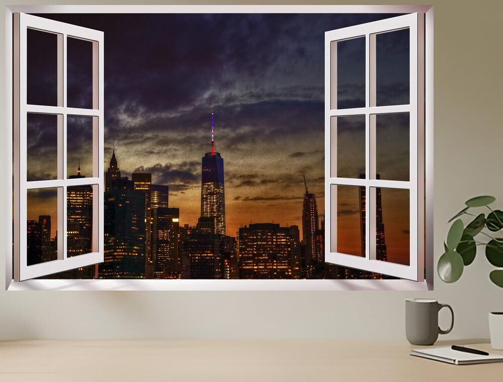 JVERF - JZZC09929 Skyscrapers Houses Sky USA WTC Owtc Night| Self-Adhesive Open Window Wall Sticker