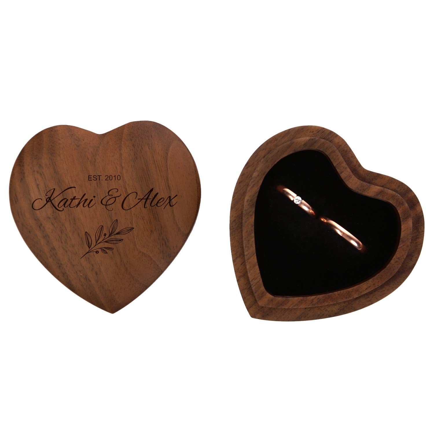 FORYOU24 Ringkissen als Herz aus Holz mit Gravur zur Hochzeit Motiv 01 dunkel - Ring Schatulle mit Deckel personalisiert, Namen und Datum, Holz Ringbox zur Trauung oder Verlobung, Ringträger