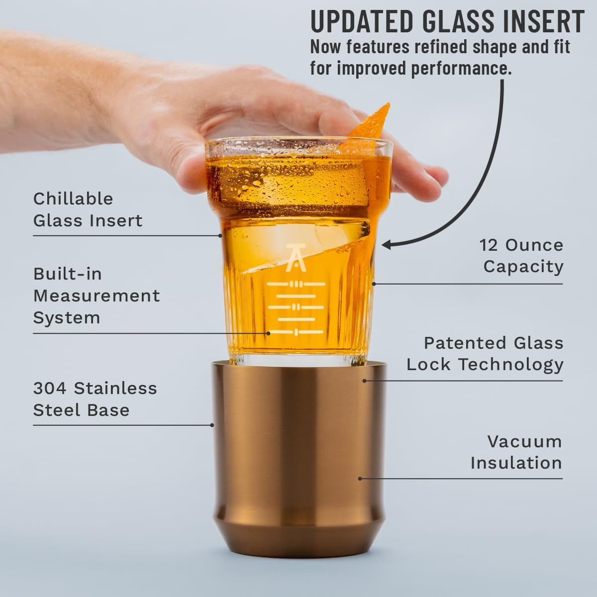 Elevated Craft Hybrid Cocktail Glass Premium Vacuum Insulated Steel Base with Removable Insert - 12oz Rocks Glass, Double Old Fashioned Lowball for Margaritas, Bourbon, Whiskey - Copper