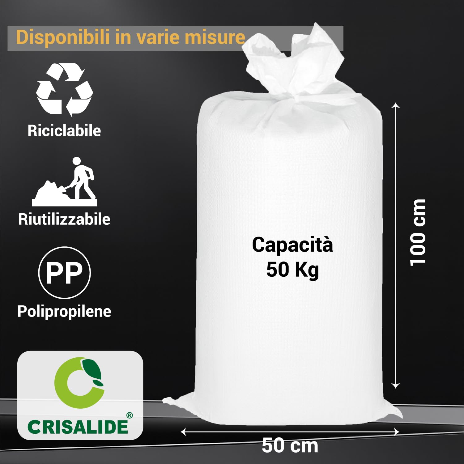 Crisalide Bolsas para escombros de polipropileno – Ultra resistentes, reutilizables, paquete de 10 bolsas + 10 bridas – Disponibles en varios tamaños (10/20/50/100 kg) (50 kg)