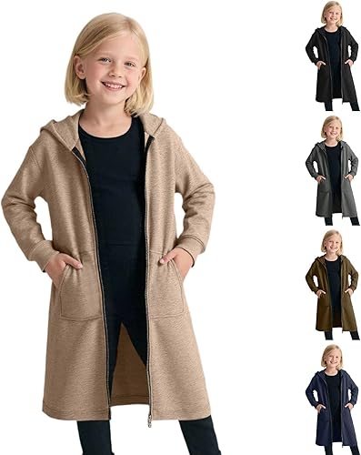 Long Zip Up Hoodie Boys Girls Fleece Lined Loose Fit Sweatshirt Fall Winter Casual Comfort Trendy Jackets Cardigan(A01 Khaki,11-13 Years)