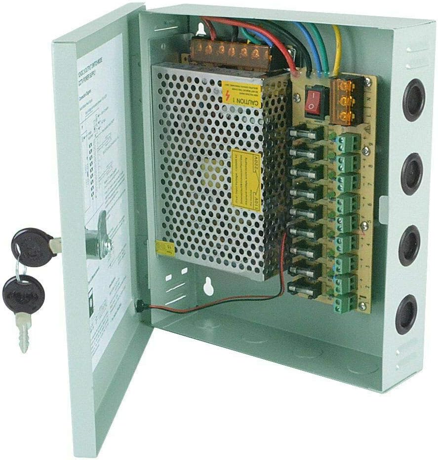 CCTV Camera Power Supply 12V DC 9 Channels/Port 10 AMP Distribution Box with 2 Key Lock Case