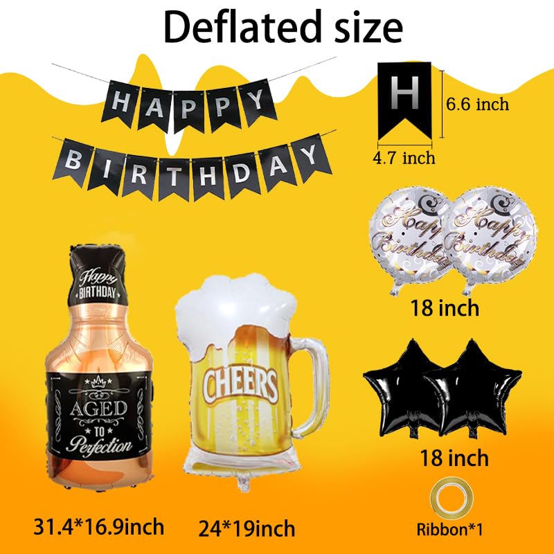 Image of Beer Cup Balloons Whiskey Bottle Beer Mug Shape Happy Birthday Bunting Banner Summer Party Decorations for Women and Men (Black and silver banner+balloons)