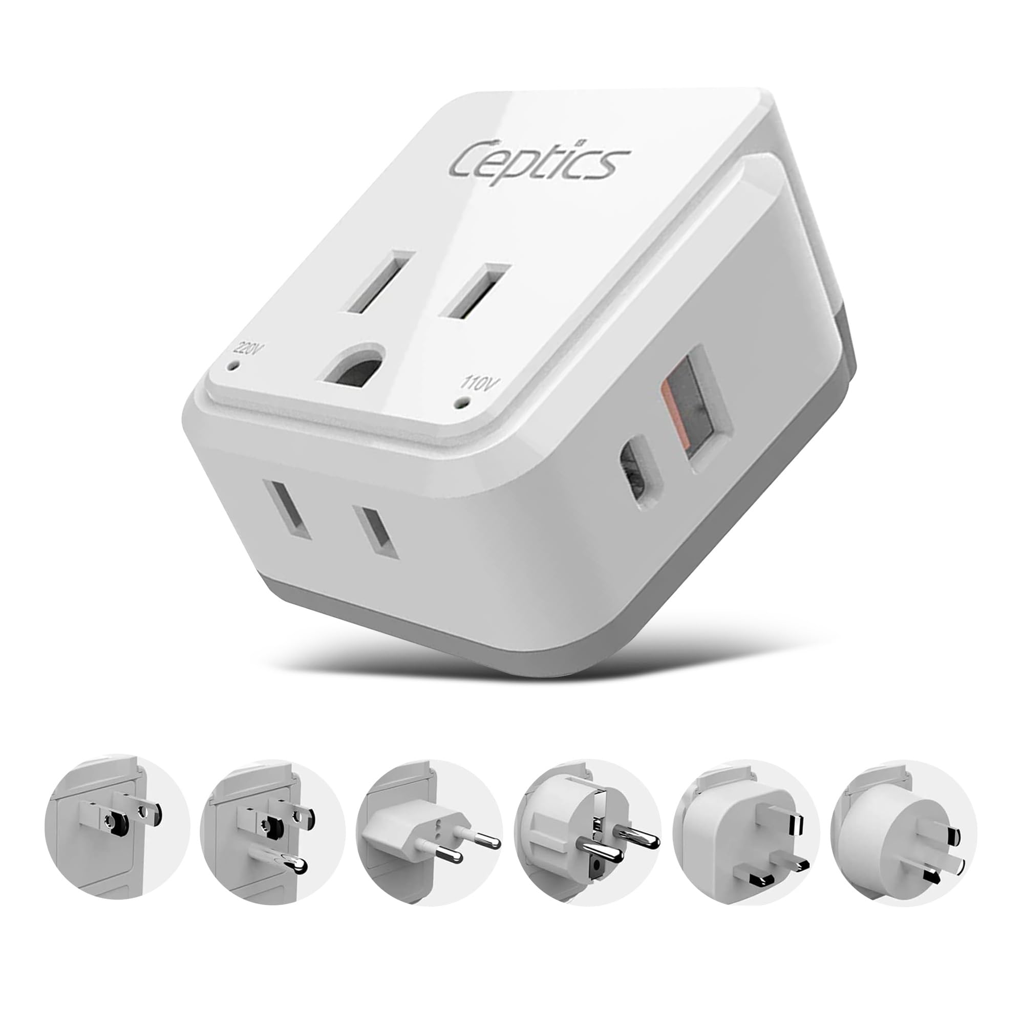 Ceptics World Power Plug Adapter Set, Dual USB & USB-C 3.1A, 20W with QC-PD, 2 USA Outlet Compact & Powerful, Use In Europe, Asia, Australia, Japan,