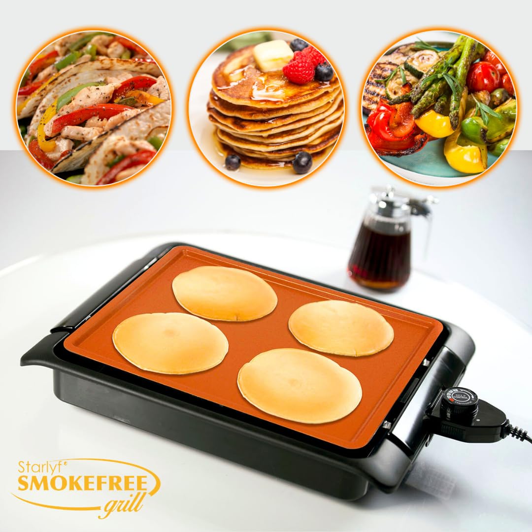 STARLYF Barbacoa eléctrica Smokefree Grill + Plancha - Barbacoa Eléctrica de 1250W, Parrilla Eléctrica Interior sin Humos ni Olores, Superficie Antiadherente de Cobre, Cocción Uniforme