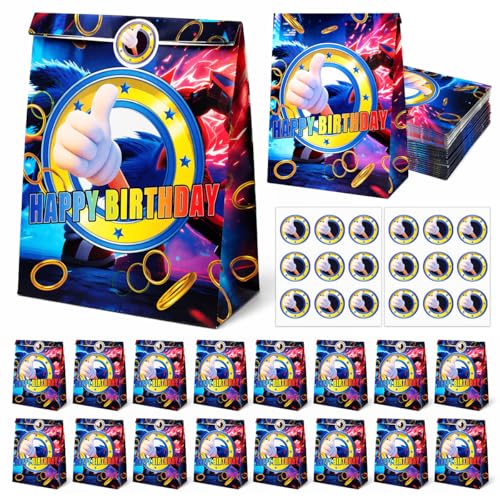 EomkuDzG 16 PCS Blue Hedgehog Dog Video Game Party Favor Bags with Stickers Birthday Goodie Gift Candy Treat Bags Blue Gold Ring Gamer Theme Party Supplies