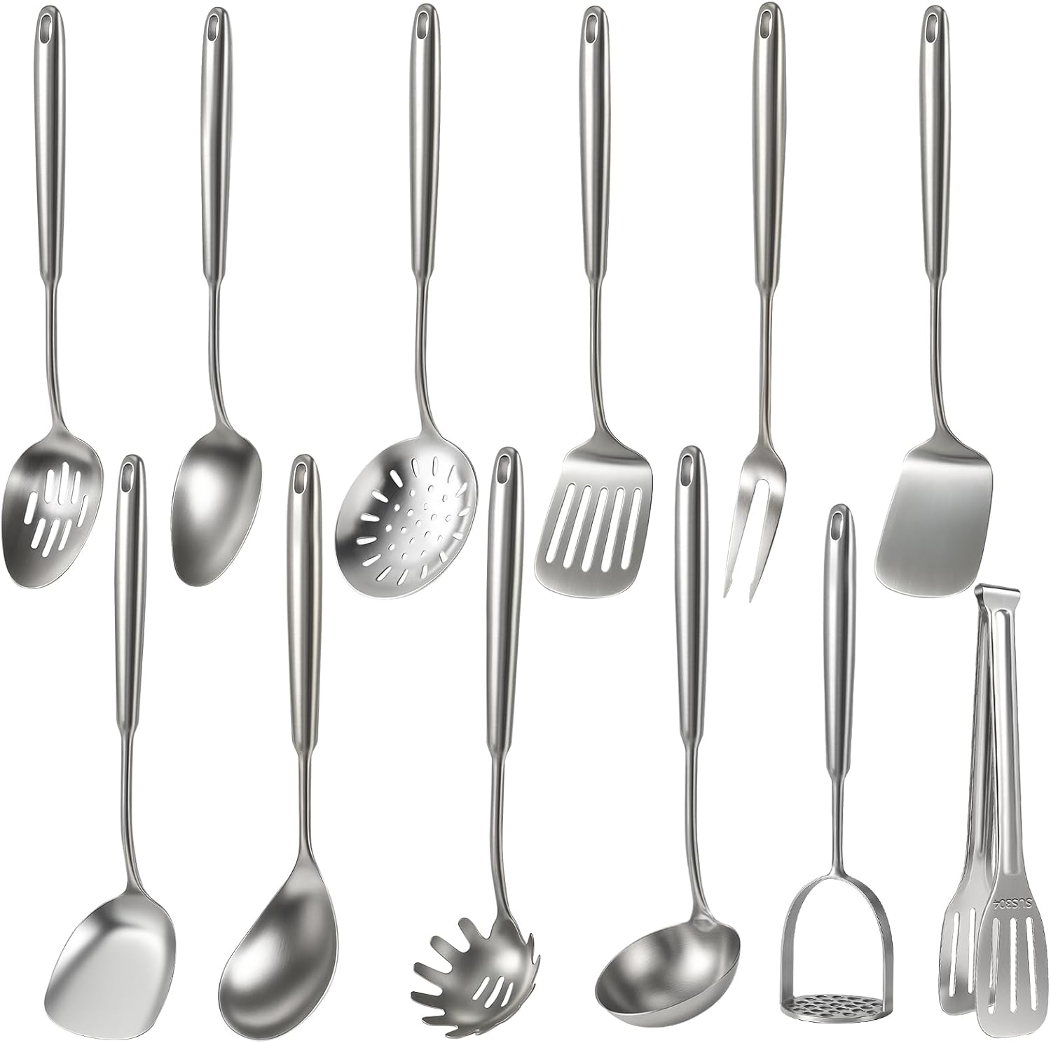 Newness 12 Pcs Cooking Utensils Set, 304 Stainless Steel Kitchen Utensils Set, Metal Kitchen Accessories, Include Soup Ladle, Slotted Skimmer Spoon, Spaghetti Spoon and Spatula, Dishwasher Safe