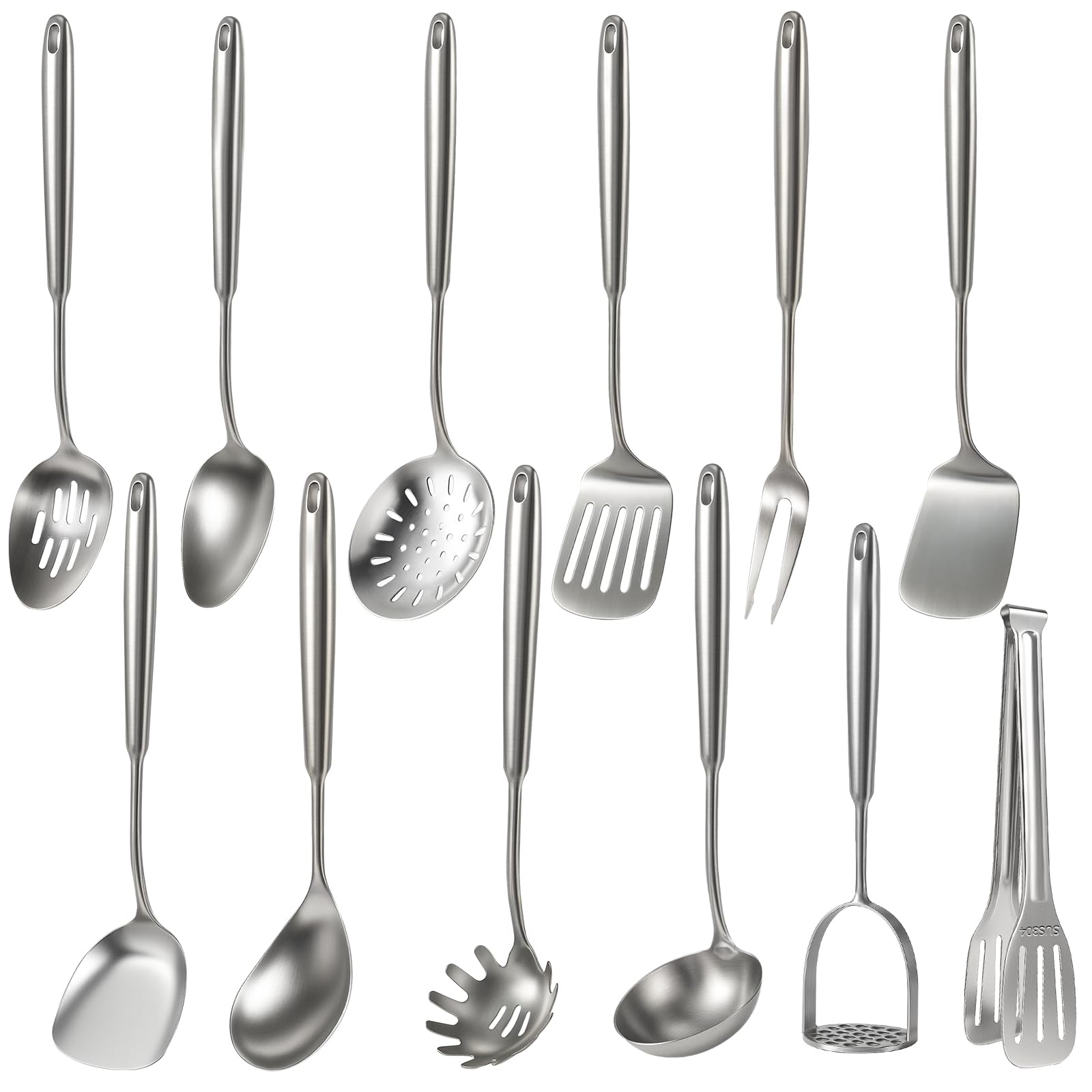 Newness 12 Pcs Cooking Utensils Set, 304 Stainless Steel Kitchen Utensils Set, Metal Kitchen Accessories, Include Soup Ladle, Slotted Skimmer Spoon, Spaghetti Spoon and Spatula, Dishwasher Safe