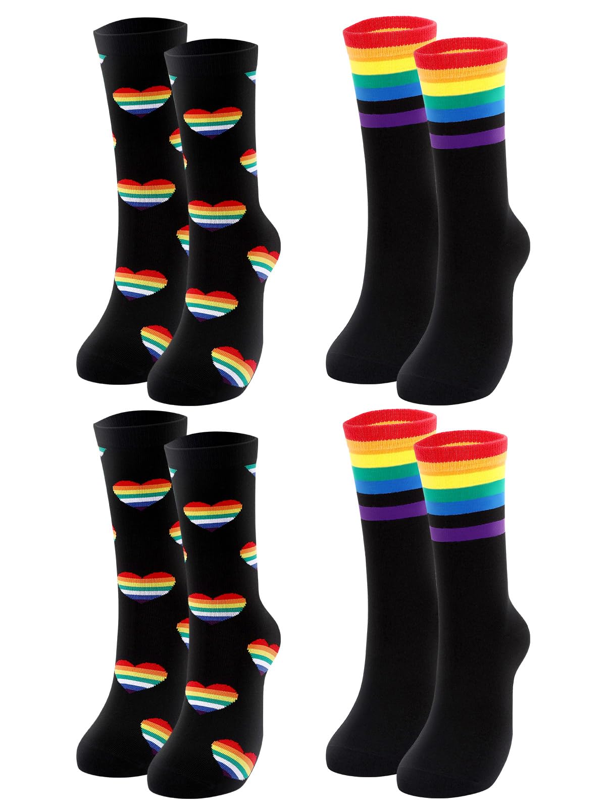 BOARDFEB 4 Pairs Rainbow Pride Socks LGBT Gay Cotton Novelty Socks Colorful Striped Heart Sock Gay Gifts for Men and Women